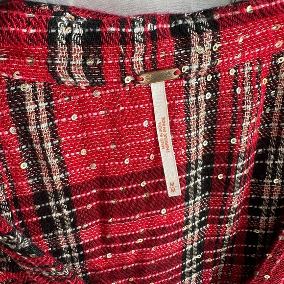 Free People Red & Black Plaid Top Long Sleeve V-Neck w/ Sequins Size M - Picture 3 of 3